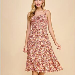 NEW! Cute Smocked Bodice Tie Front Boho Red Floral Spaghetti Strap Slip Dress